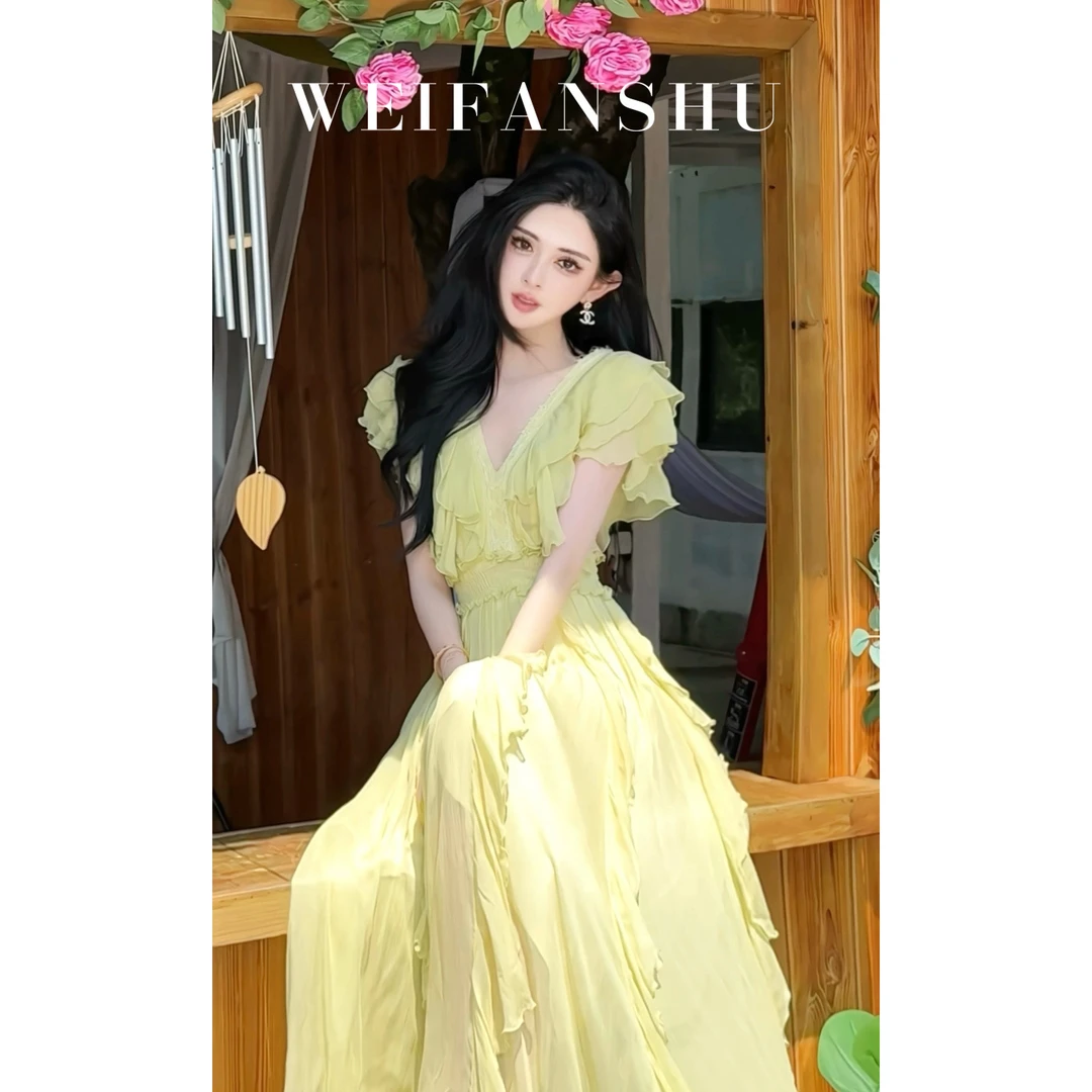 WEIFANSHU/魏凡舒【塞班情话】春夏新款设计感仙气优雅V领连衣裙