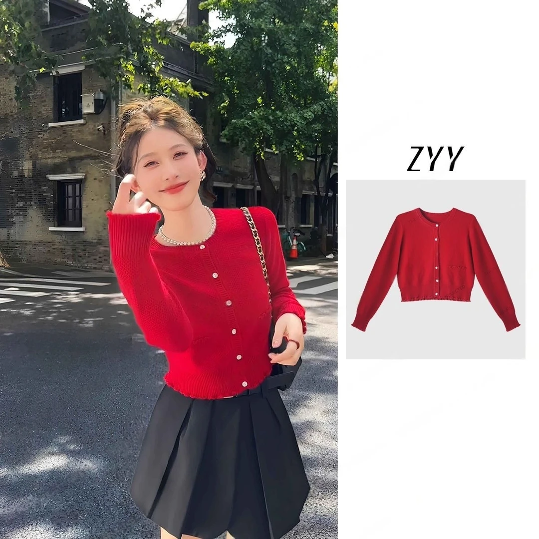 ZYY【普岛约定】2025/S新品秋季圆领波浪边短款气质针织X25QZZ03473