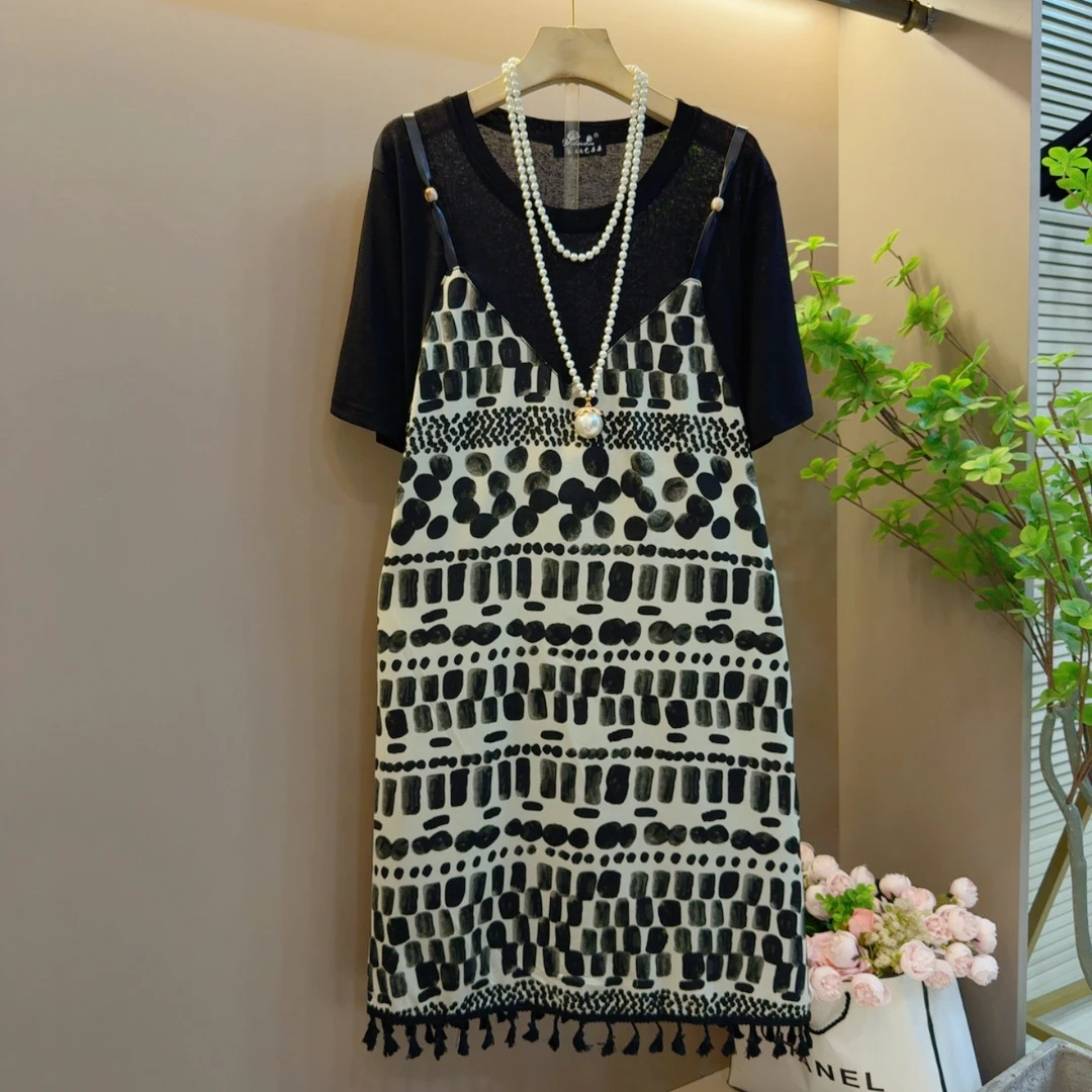 2025年气质大码洋气夏季新款显瘦百搭假两件连衣裙（衣长97左右）