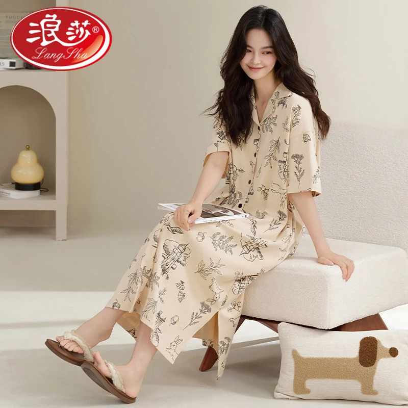 浪莎100%纯棉睡裙女夏季短袖新款7A抗菌防螨全棉长款开衫加大码可