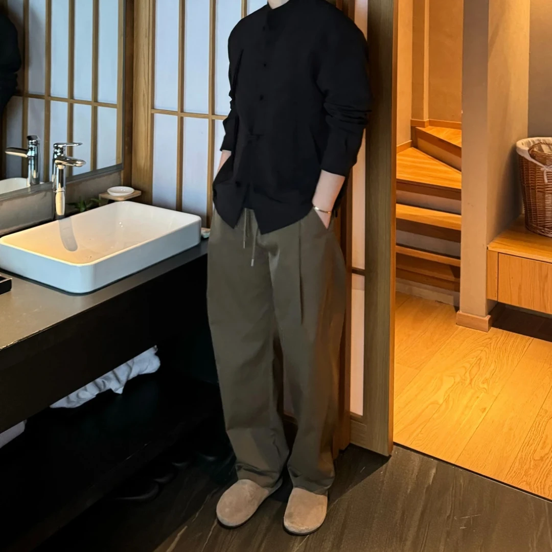 秋季美式复古立体收褶设计感廓形宽松休闲直筒弯刀裤