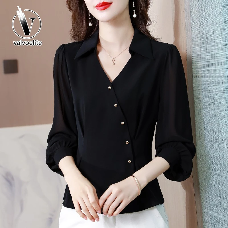 VALVOELITE黑色衬衫女士长袖春装新款气质收腰小衫短款洋气上衣服