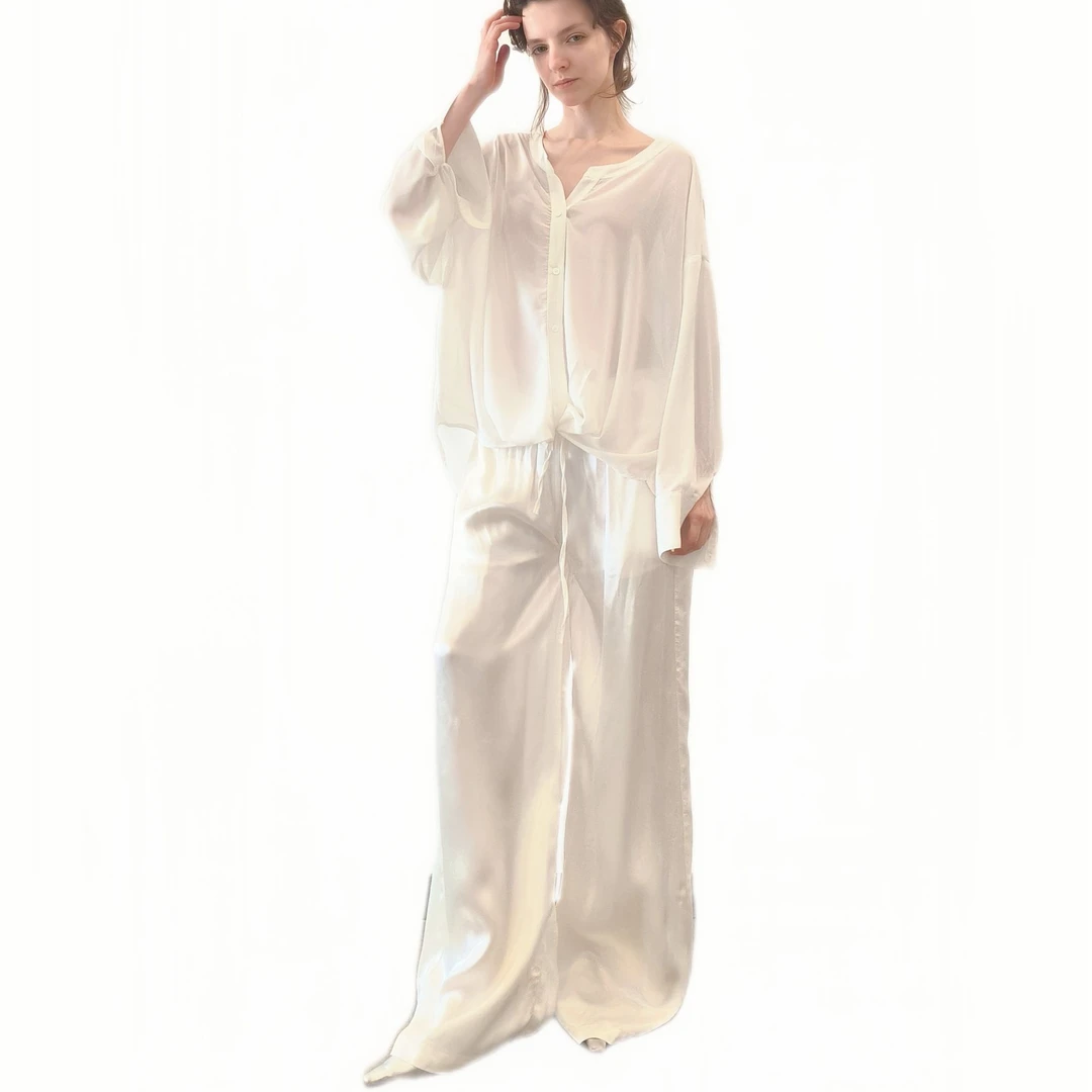 GENTLE THORNS醋酸桑蚕丝混纺波光粼粼超冰凉宽松遮肉休闲长裤