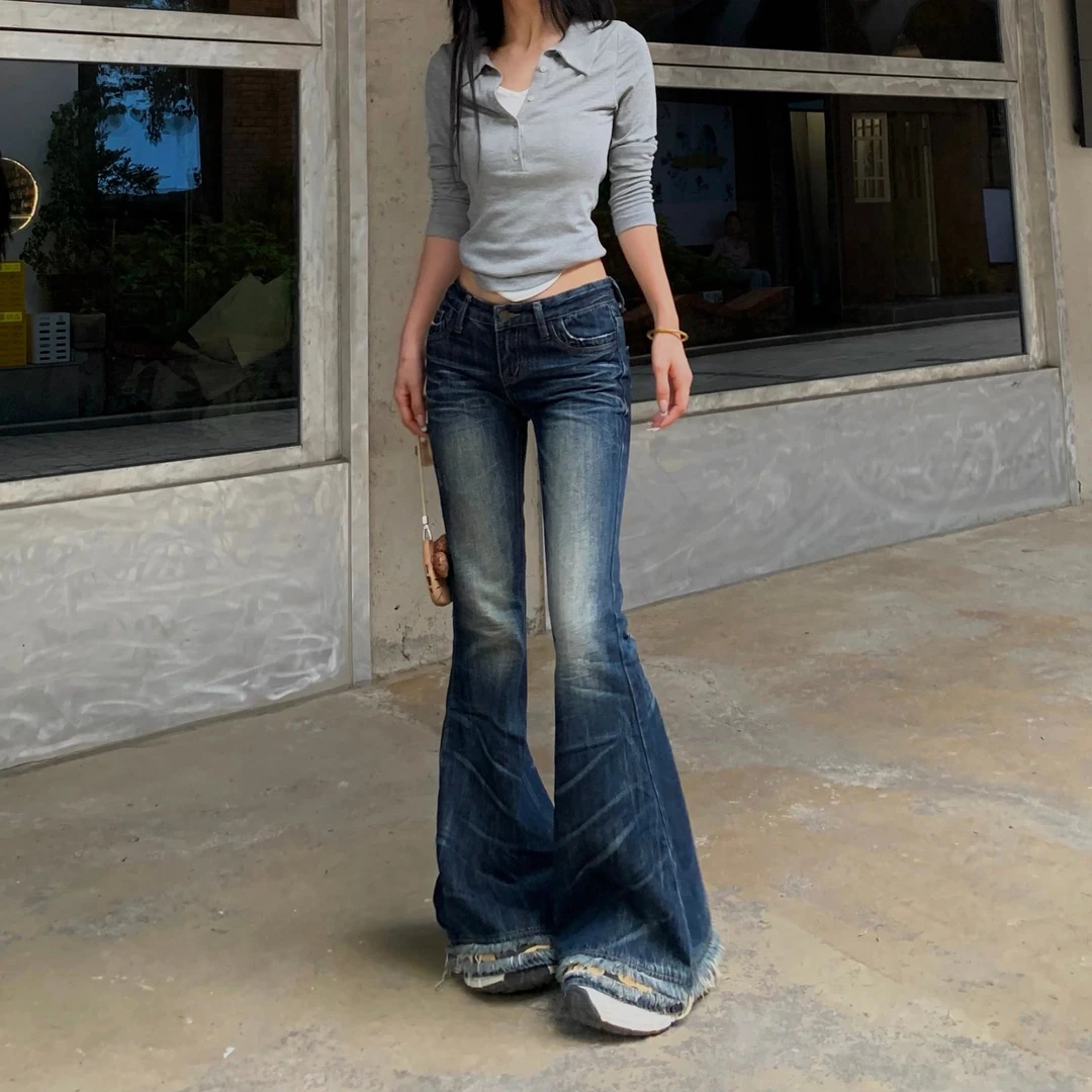 3MER 超模裤低腰微喇牛仔裤女2025新款修身毛边拖地喇叭裤子