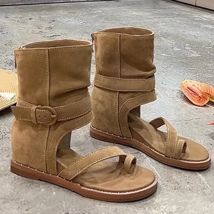 2025夏季新款罗马凉靴平底后拉链套趾复古内增高短靴女西部靴