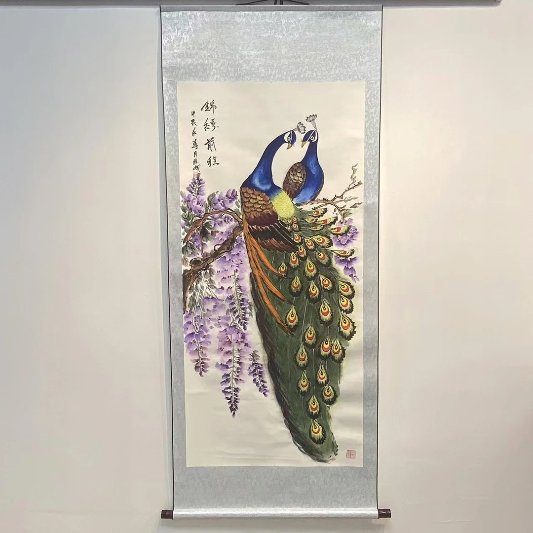 手绘《锦绣前程》纯手工装裱高170cm宽70cm
