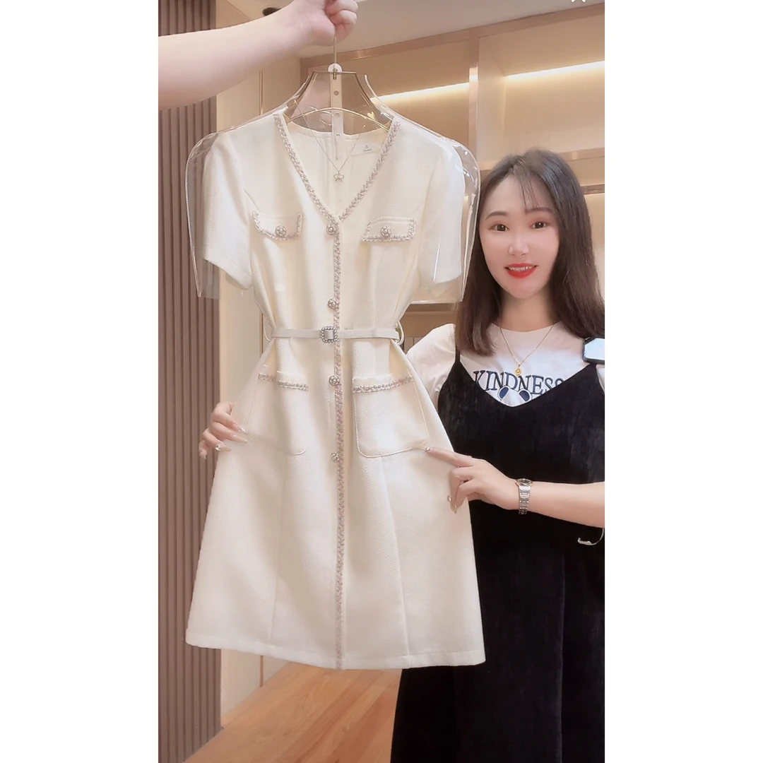 【现货 下午发】1632囯内设计师品牌女装气质收腰短袖显瘦连衣裙