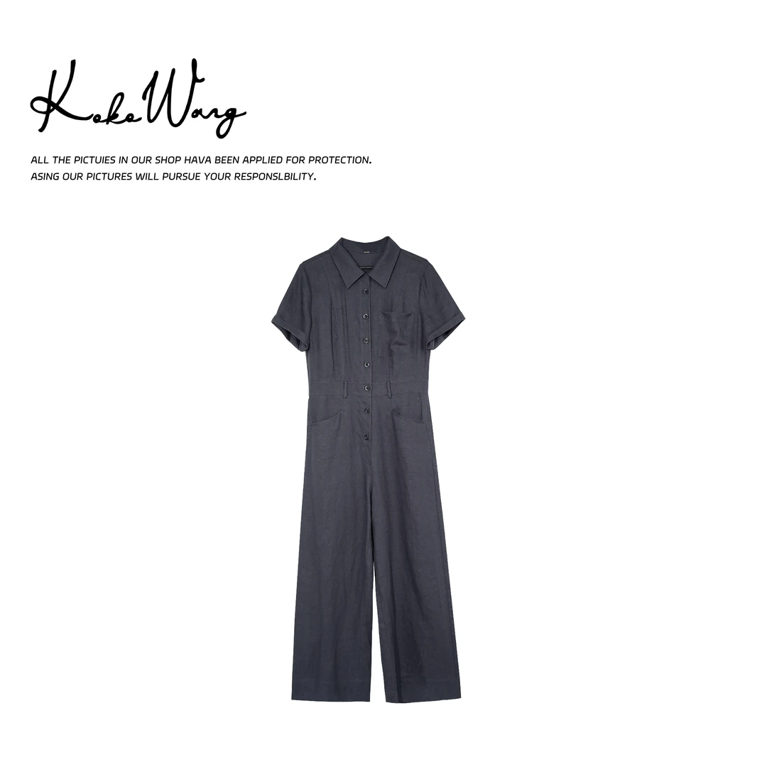 KOKOWANG 100亚麻一件式气质老钱风高腰线显瘦连体裤471675C04H41