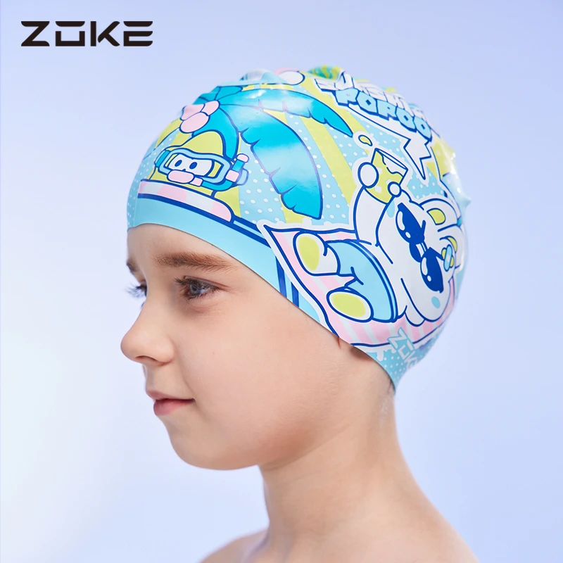 Zoke/洲克儿童硅胶游泳帽防水护耳不勒头舒适可爱女童卡通泳帽