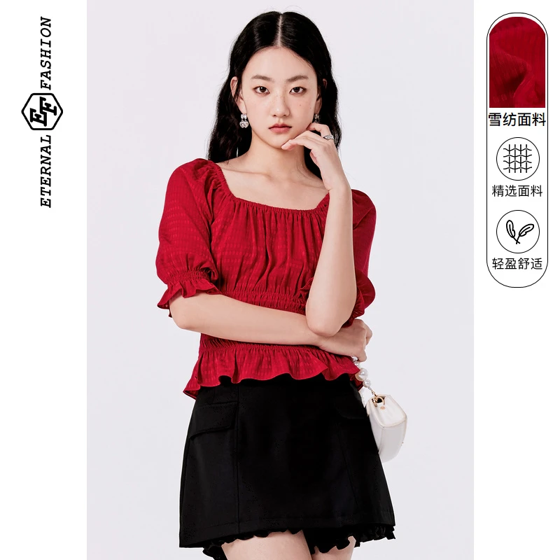 EF新款收腰显瘦方领木耳边泡泡袖复古上衣女1030221009