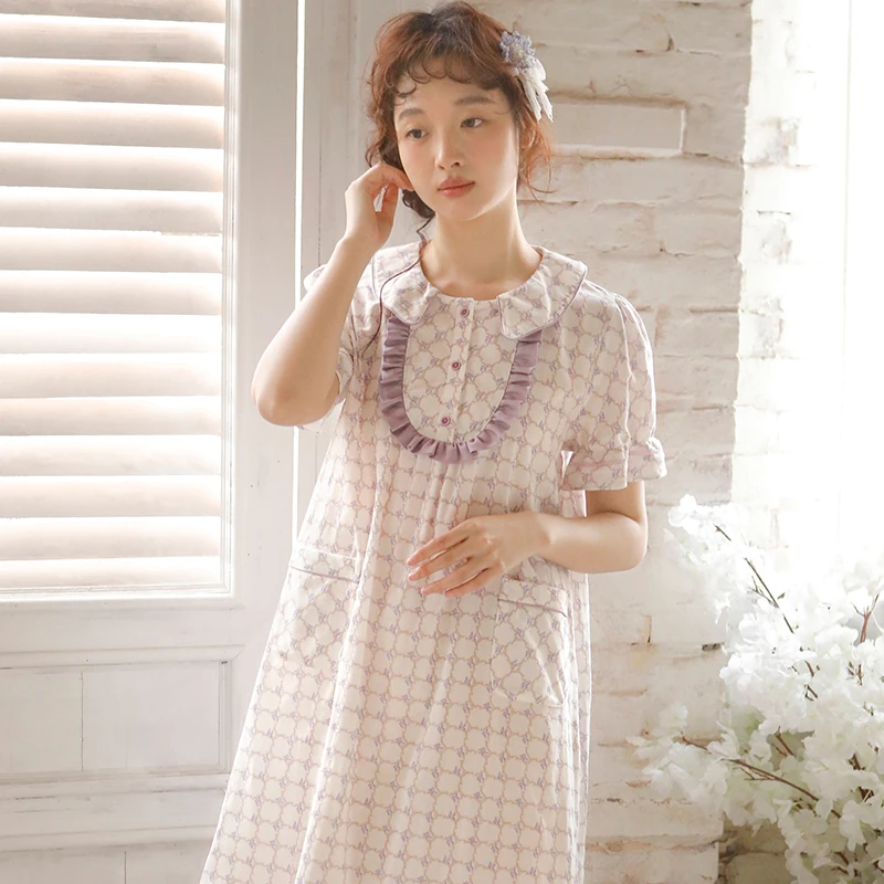 夏季纯棉简约女士睡裙双层棉纱宽松翻领短袖可外穿中裙