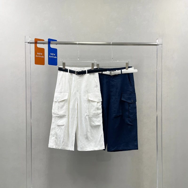 Aura mode夏装美式大口袋工装风亚麻休闲裤女宽松阔腿八分裤96061