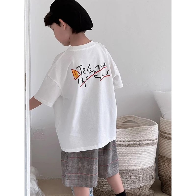 顶瓜瓜韩版设计感涂鸦印花纯棉短袖中大童潮牌痞帅百搭圆领上衣衫