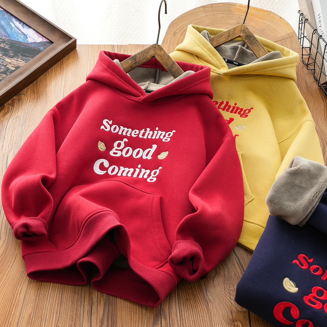 男女童加绒连帽卫衣冬装新款2024儿童加绒加厚款帽衫男孩字母上衣