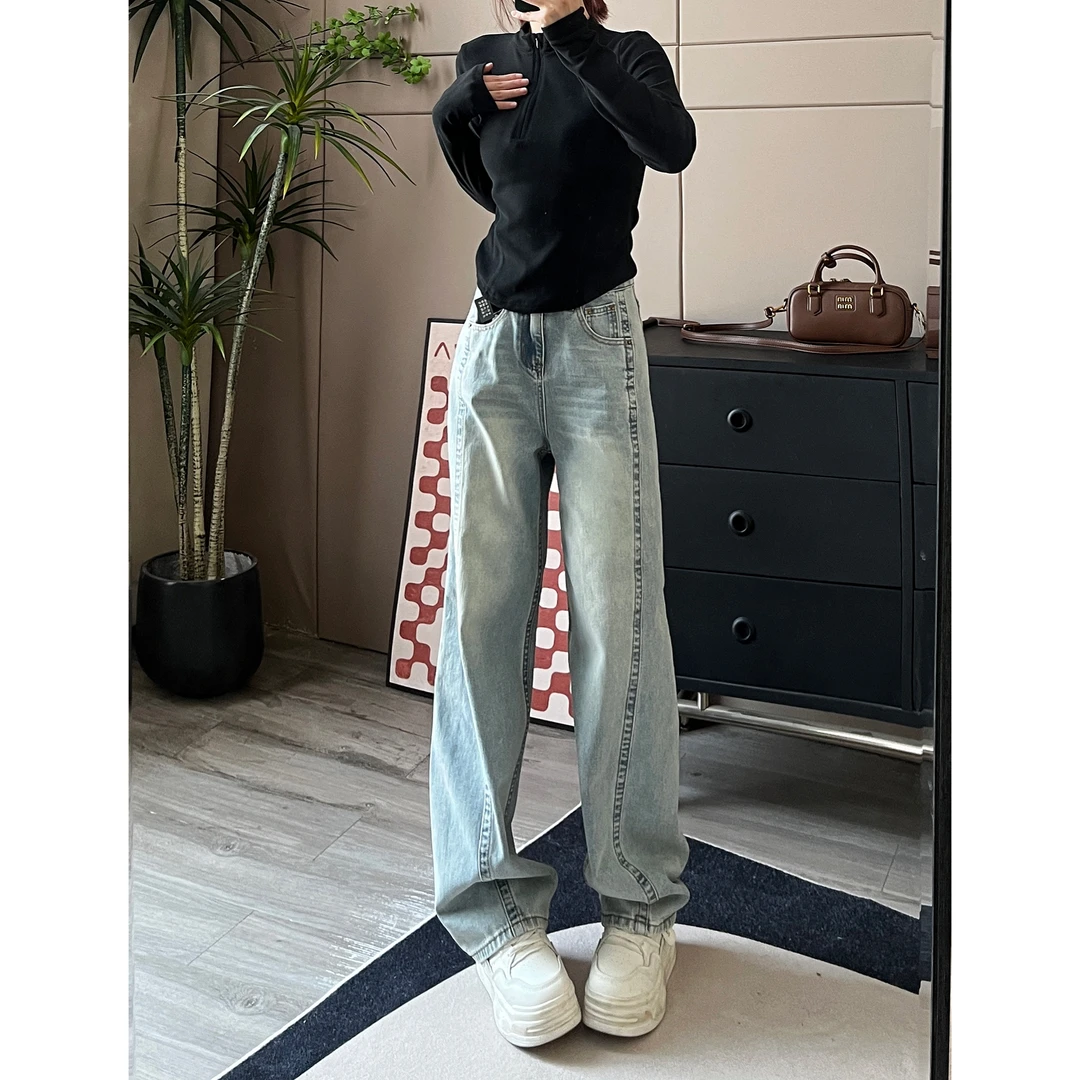 【美式阔腿裤】做旧水洗牛仔裤女高腰宽松显瘦直筒拖地裤子-Y5013