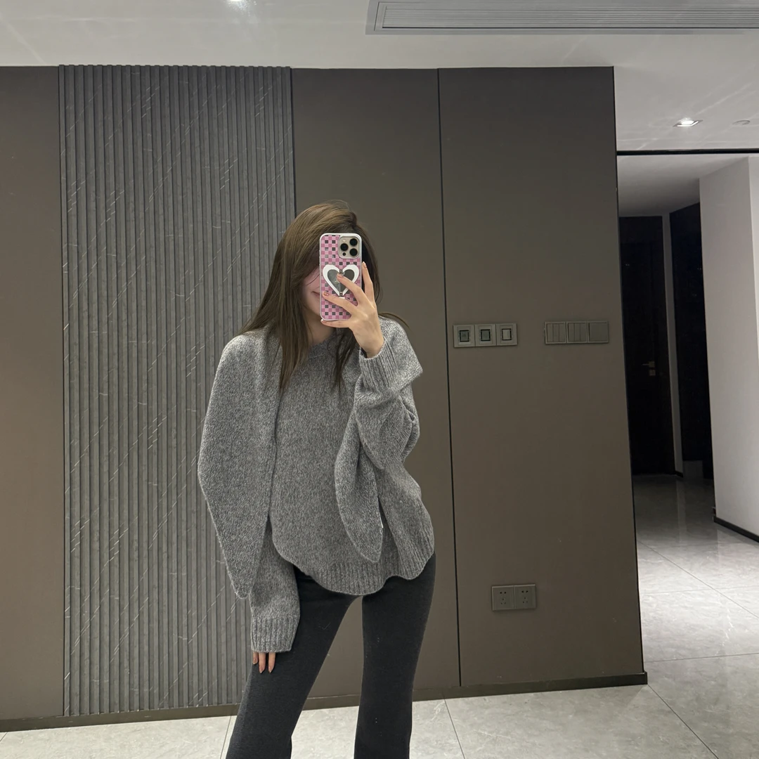 NNIE 花纱绵羊毛慵懒风毛衣 披肩➕毛衣套装