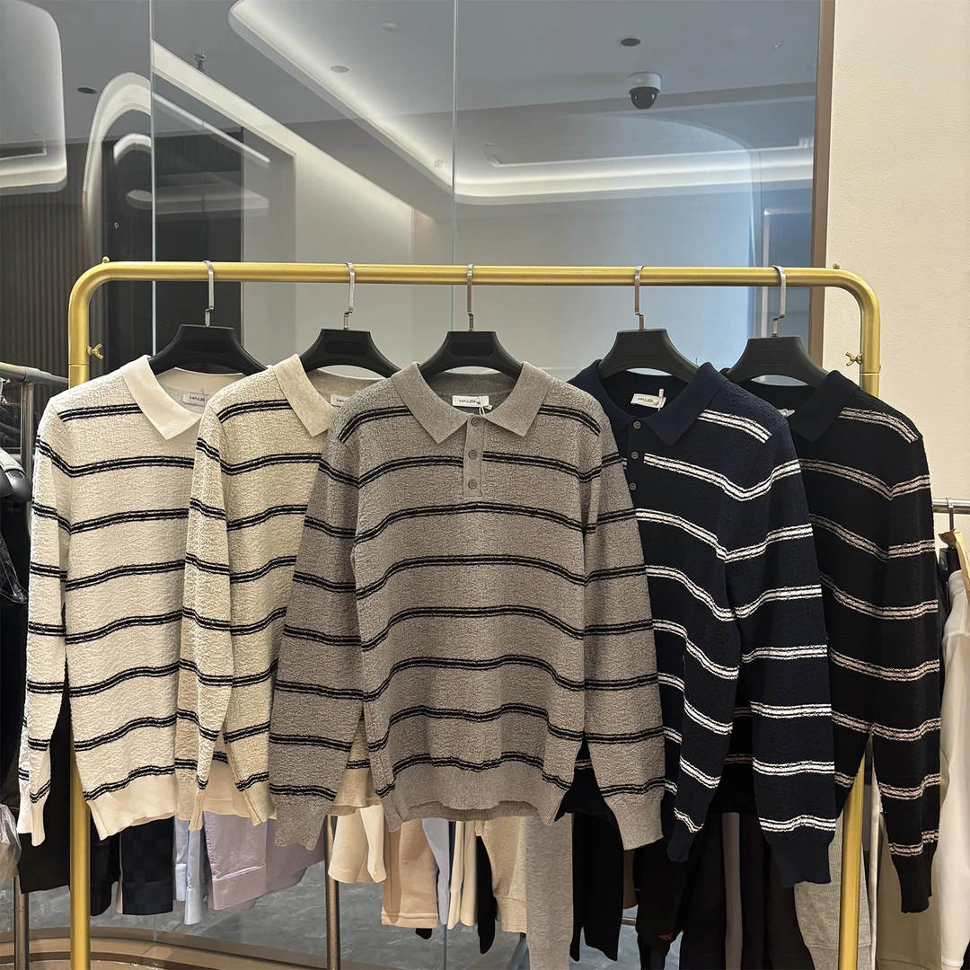 轻奢儒雅贵气！肌理提花！秋季新款时尚复古翻领条纹针织衫毛衣男