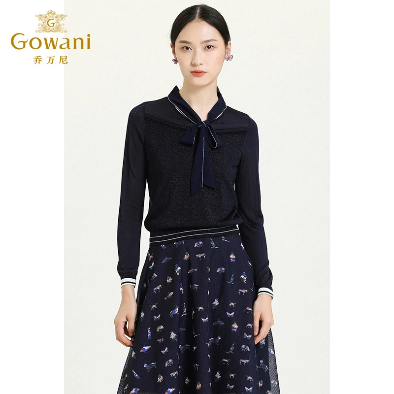 乔万尼商场春装新款针织衫拼接镂空小羊毛衫薄款长袖上衣ES3M598