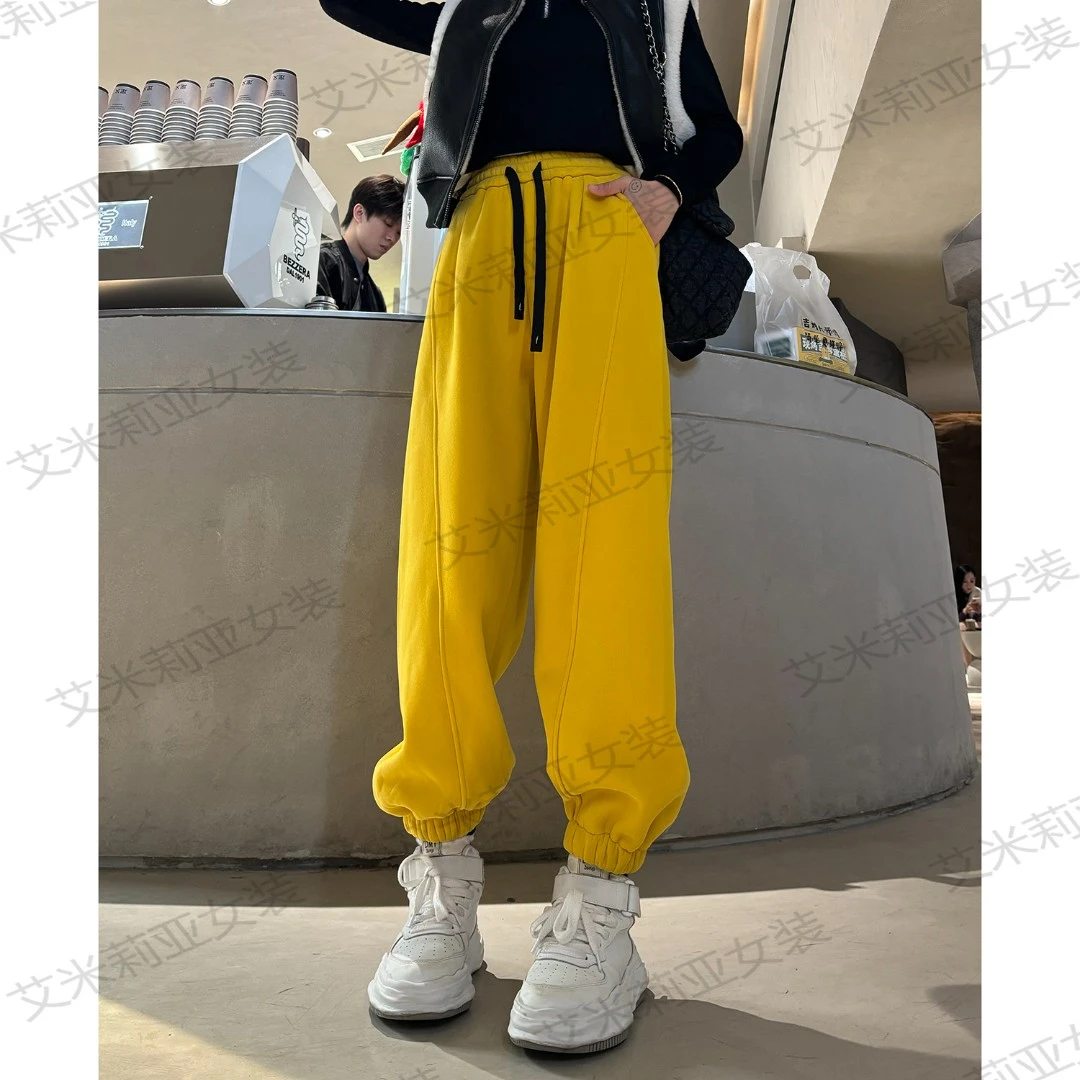 (奥粒绒)加绒加厚新款休闲运动裤欧货松紧高腰卫裤束脚裤