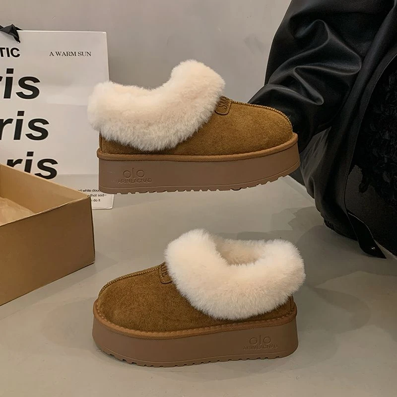 香港软皮毛毛雪地靴女2025新款冬季加绒加厚东北棉鞋一脚蹬勃肯鞋