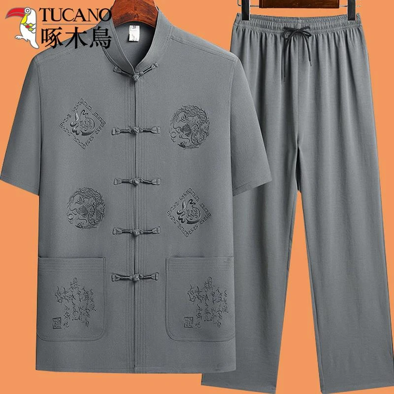 啄木鸟爸爸装短袖唐装男士中老年套装中式爷爷夏季老人中国风衬衫