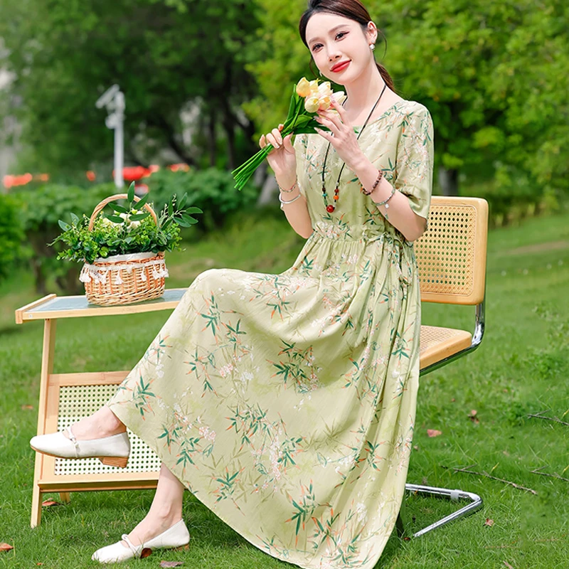 棉绸连衣裙夏装新款气质碎花系带中长过膝短袖妈妈装遮肚显瘦裙子