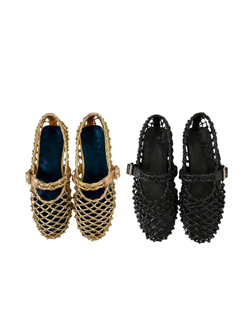 女鞋；388-18编织镂空一字带凉鞋