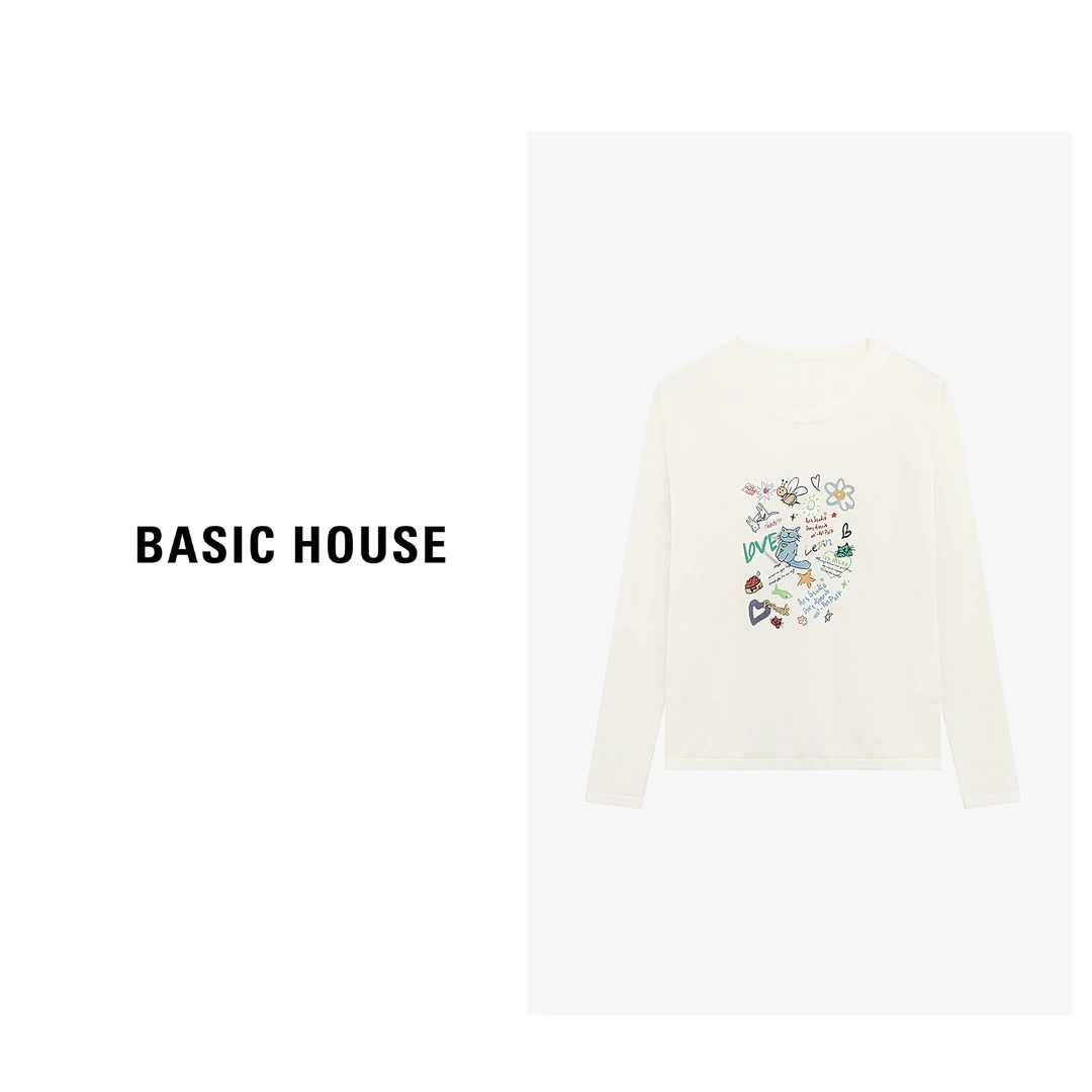 Basic House/百家好长袖白色时尚休闲印花圆领针织衫-B0625B5HHL2