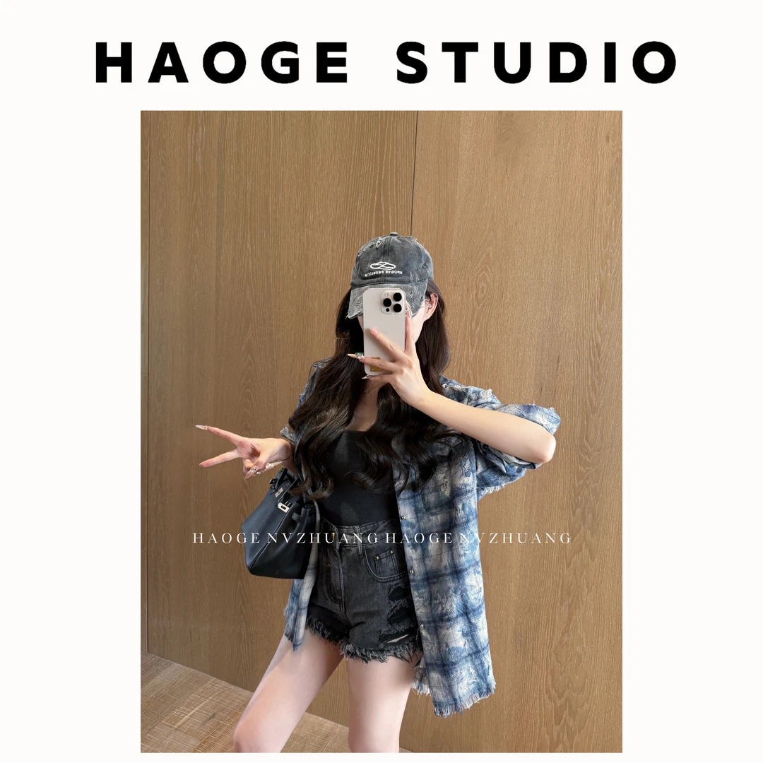 浩哥严选●秦岚衬衫Q4CS1855A复古风蓝白条纹格衬衫磨损做旧设计感