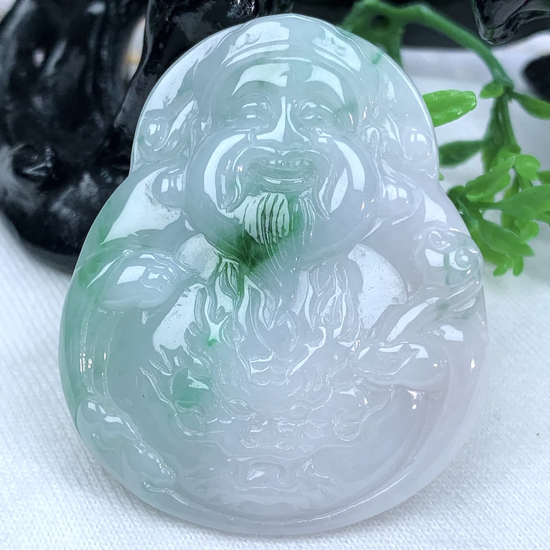 天然缅甸翡翠A货冰润飘花财神爷吊坠挂件46.4−37.5−6mm