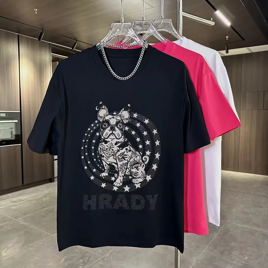 新款痞帅法斗字母烫钻宽松圆领短袖t恤男士夏季时尚个性休闲潮衣