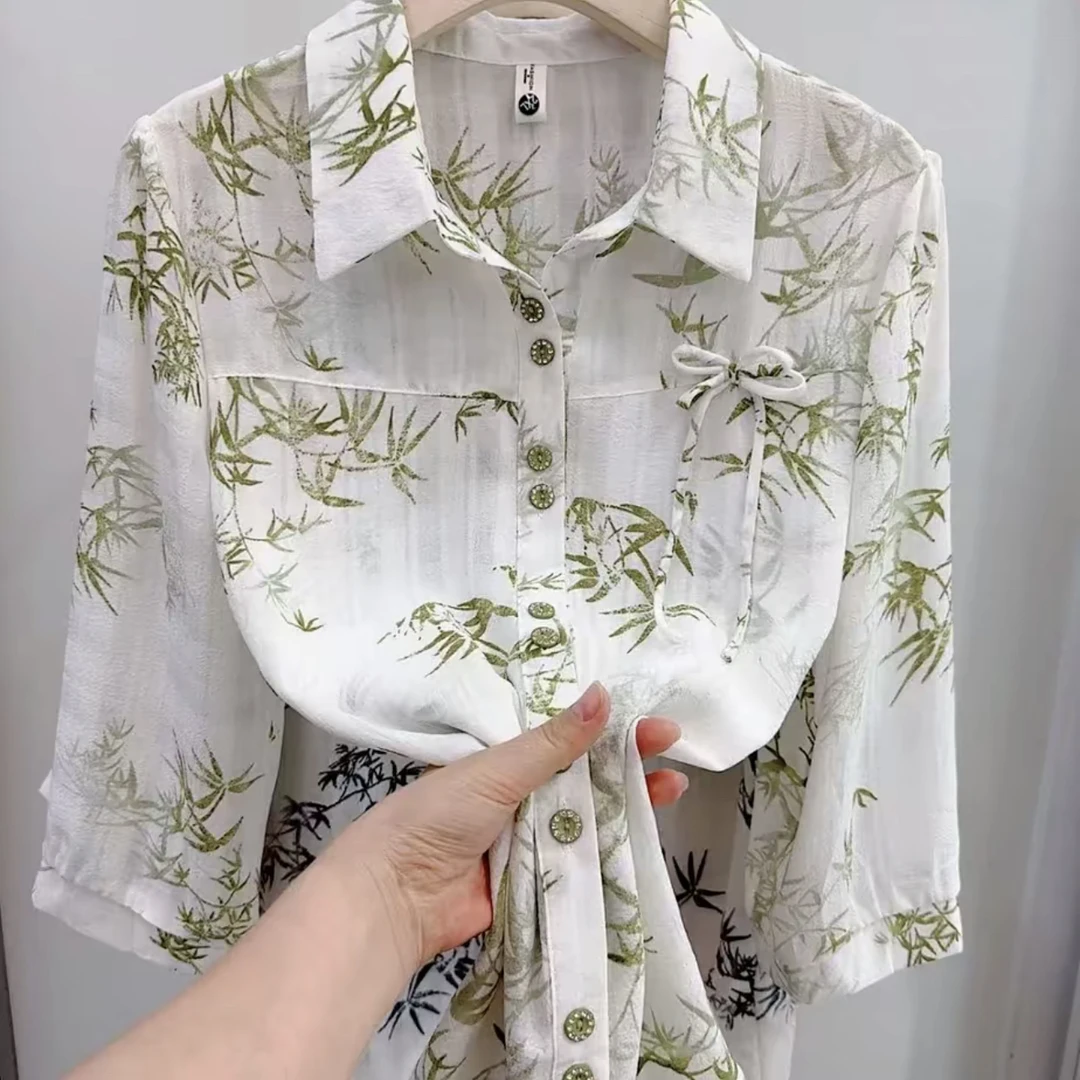 时尚妈妈装翻领印花七分袖雪纺衬衫夏季新款洋气减龄显瘦小衫上衣
