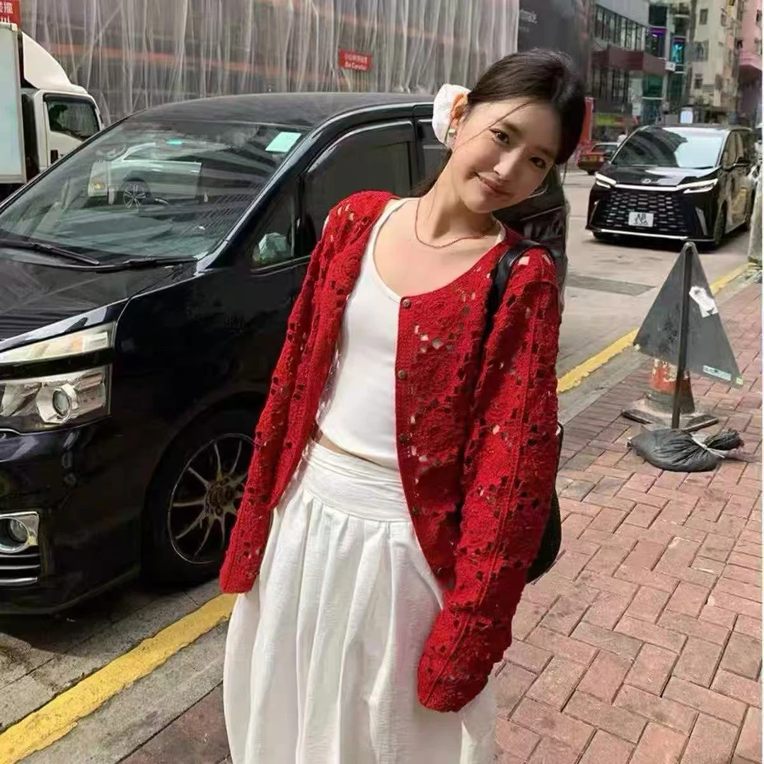 韩版温柔风镂空罩衫钩花圆领针织开衫外搭女简约气质长袖上衣590