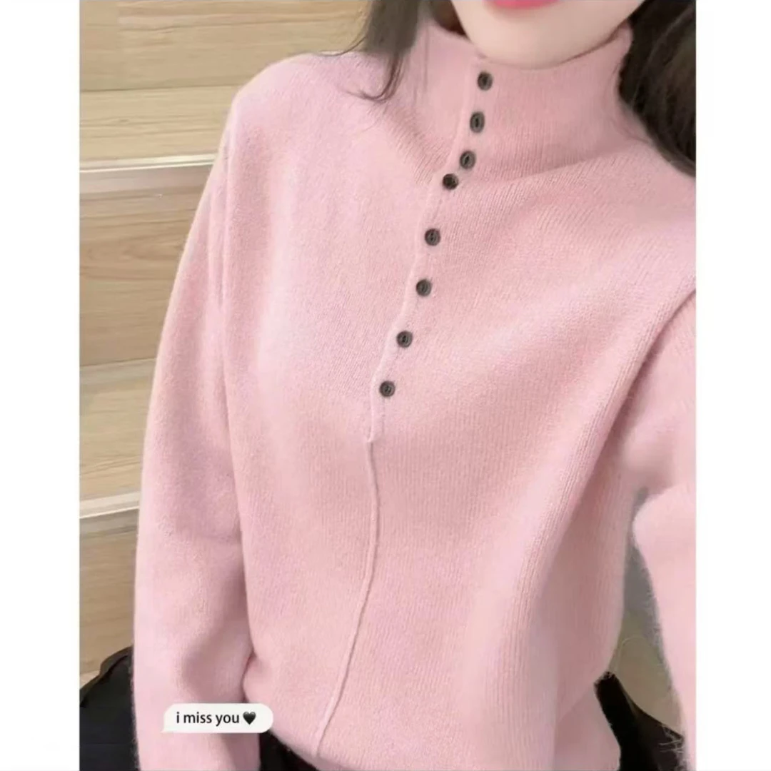 2024秋冬新款半开襟排扣毛针织衫女欧货半高领软糯舒适内搭毛衣59