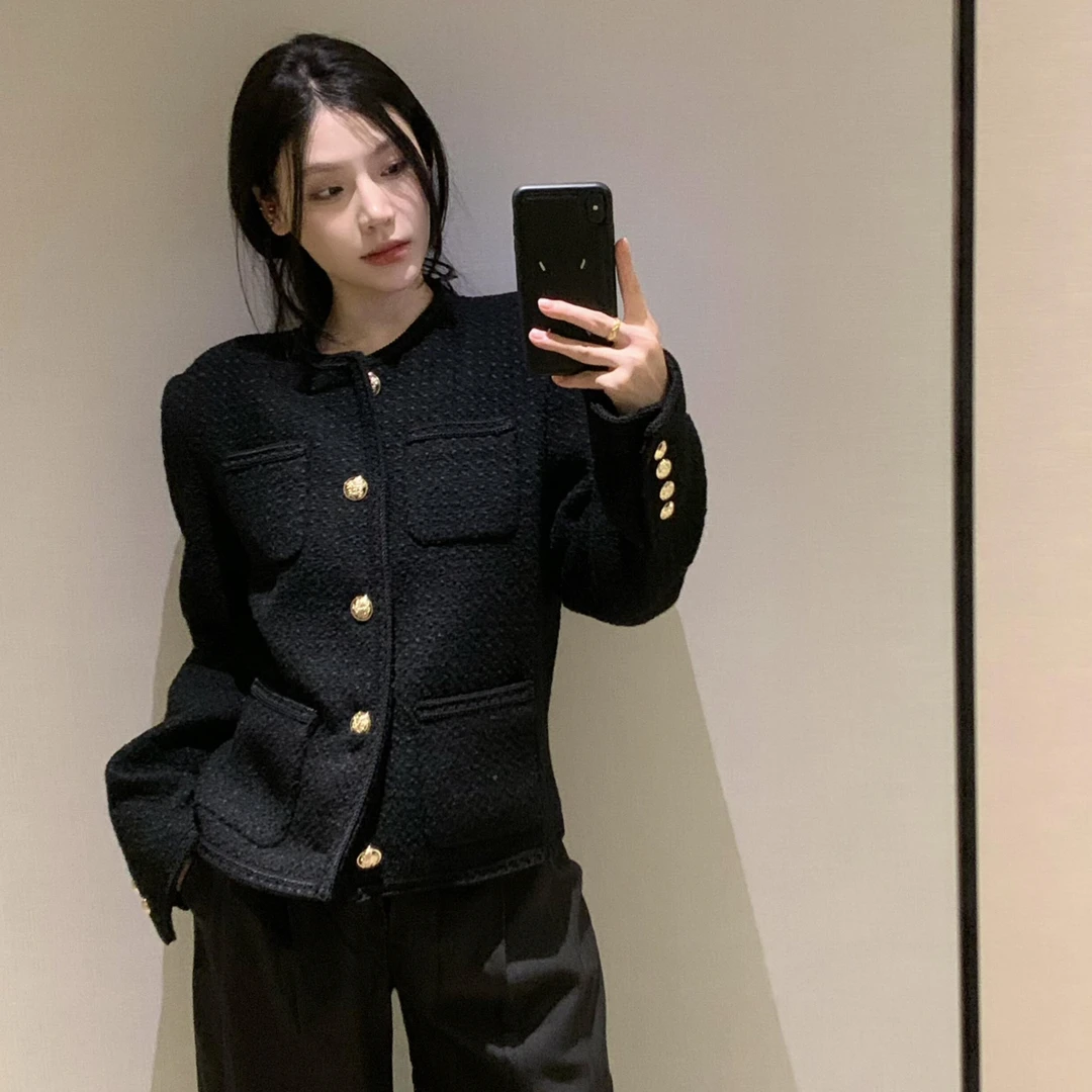 avamanamt/金属扣小香/重工高级感毛织编织粗花呢夹棉外套上衣女