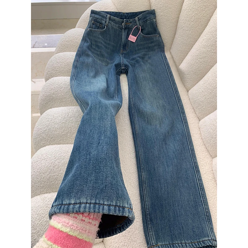 复古高腰加绒牛仔裤2025秋冬新款宽松直筒显瘦垂感加绒拖地裤子