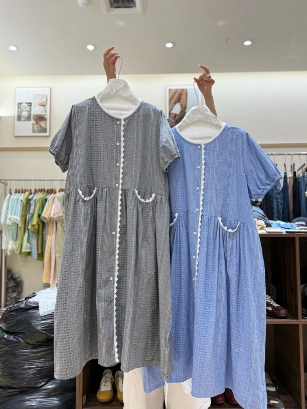 夏日系复古宽松短袖娃娃裙森系文艺长开衫连衣裙韩系裙子