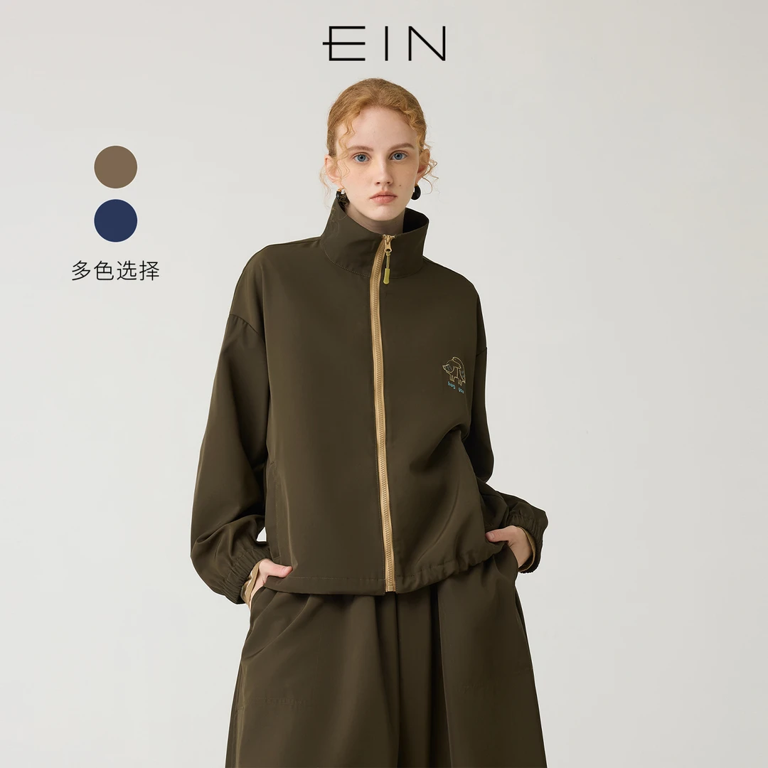 EIN/言露珠轻行鸽子绣花立领拉链休闲运动夹克外套2025早秋新款