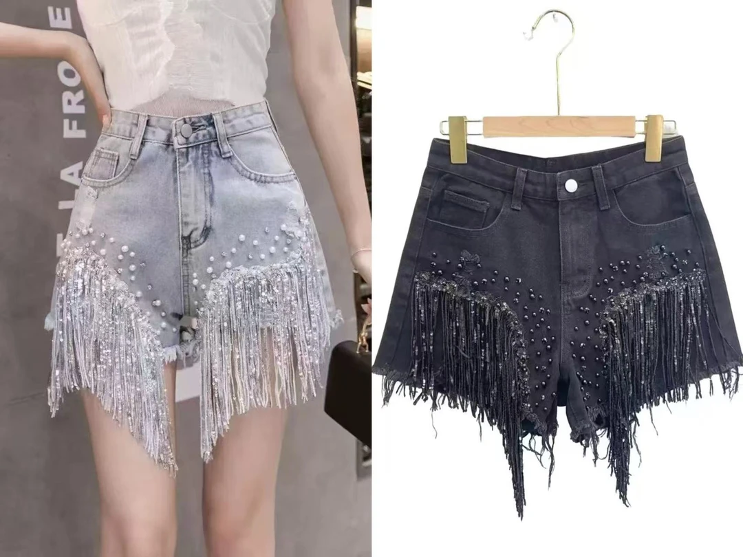 短裤夏薄款网红高腰镶钻重工流苏牛仔热裤时尚减龄A字阔腿裤0070