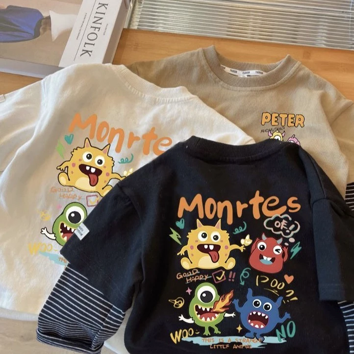 儿童春秋纯棉T恤装新款帅气韩版打底衫男女童长袖假两件上衣潮T