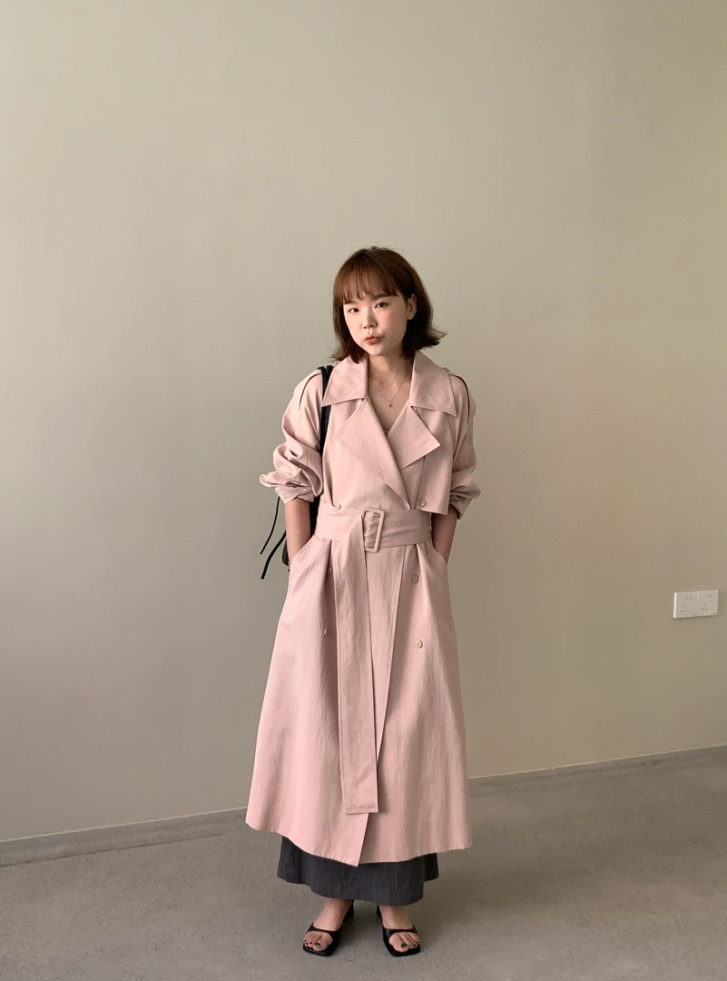 3744号56901#春新款翻领双口袋后下摆开叉韩系休闲风衣外套长款