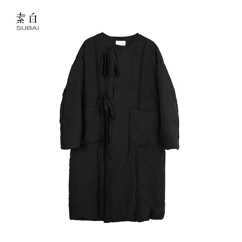 素白【夜曲】R02003中长款圆领系带新中式加厚保暖亚麻羽绒服