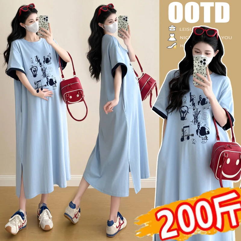 夏装新款韩版大码孕妇连衣裙宽松中长款纯棉字母开叉t恤长裙200斤