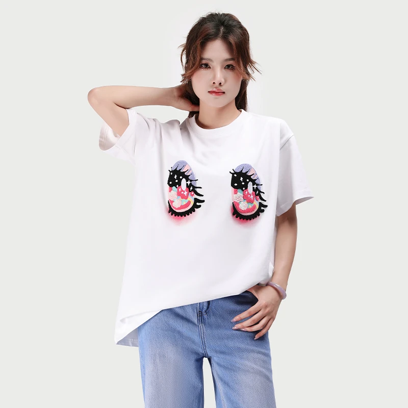 RAQTX32595大眼萌春夏卫衣女上衣刺绣短袖圆领套头