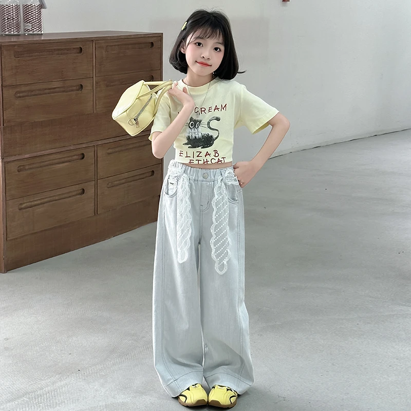 女童夏季套装2025新款洋气大童夏装字母短袖儿童薄款牛仔裤两件套