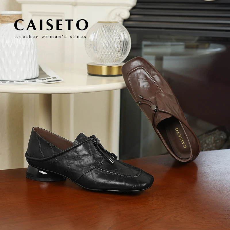 头层牛皮春季新款方头深口软底软面真皮时尚百搭单鞋女-24D907