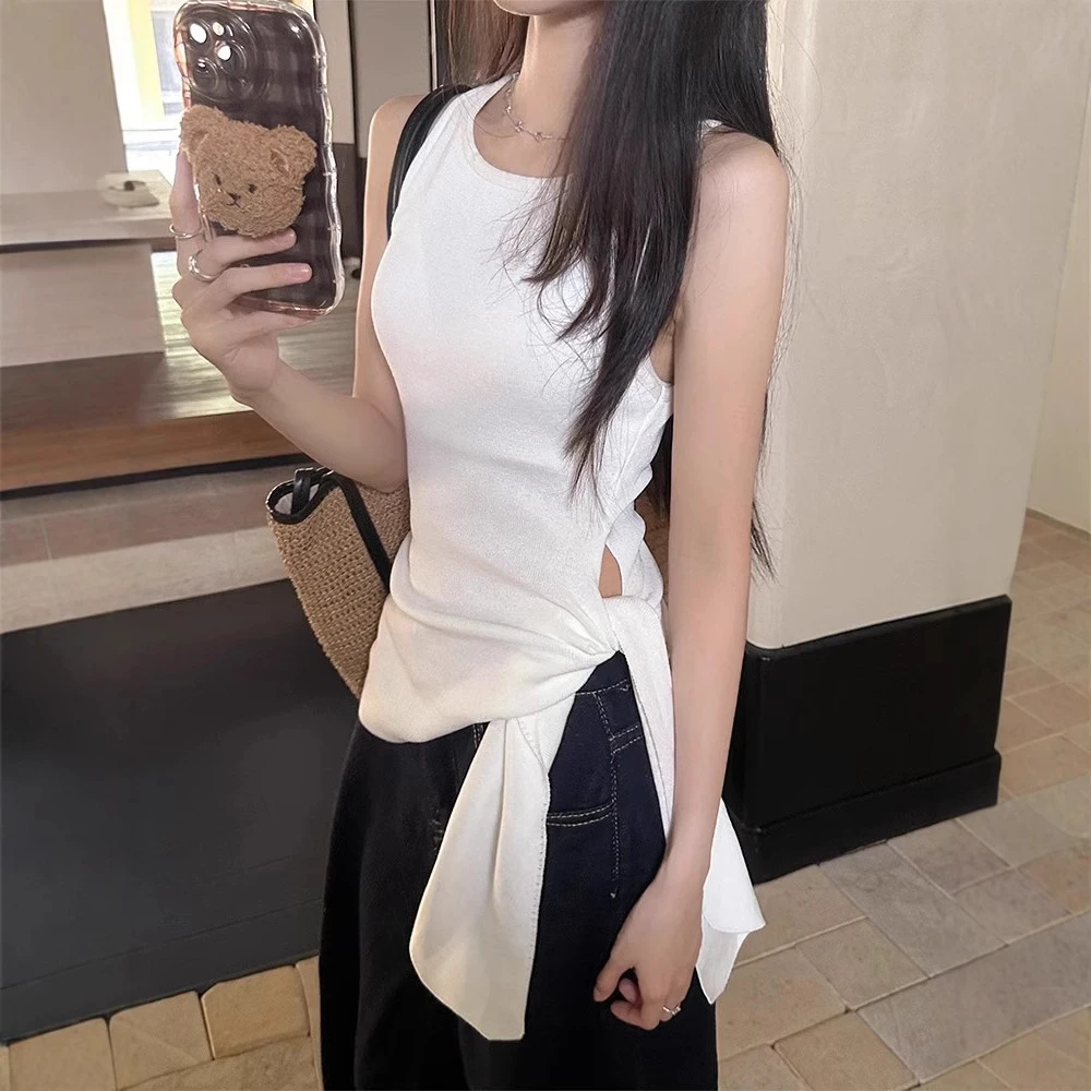 设计感绑带针织吊带背心女2025夏季辣妹修身百搭白色紧身学生上衣