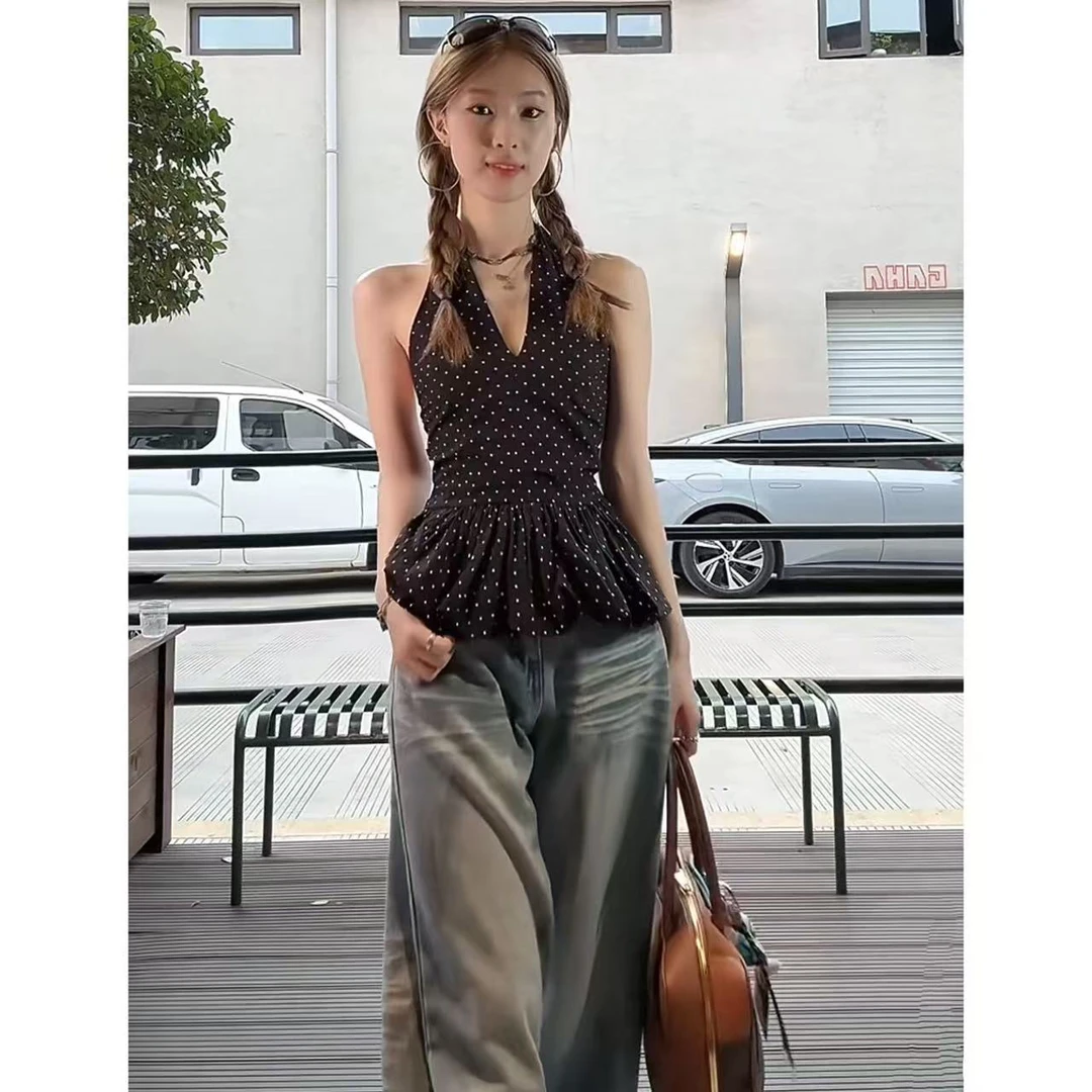 徐秋阳   波点挂脖衫  夏季新款百搭时尚休闲显瘦显白上衣12901