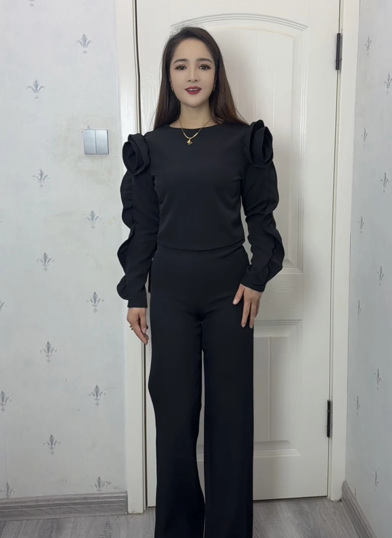 【Zumrat女装】时尚两件套显瘦气质长袖高腰休闲黑色小众设计师