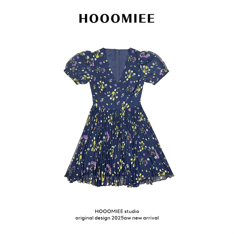 Hooomiee雏菊V领黄碎花百褶下摆显瘦设计女士连衣裙LG027